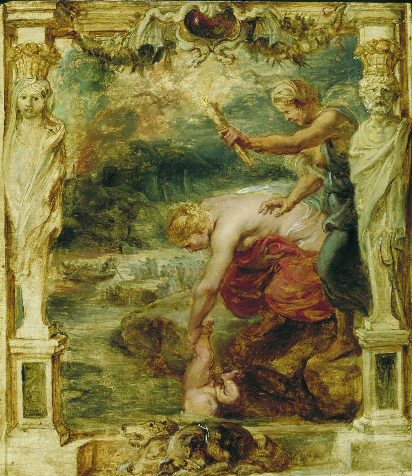 Thetis Dipping the Infant Achilles into the River Styx by Peter Paul Rubens (c. 1625; Museum Boijmans Van Beuningen, Rotterdam) – Wikimedia commons 