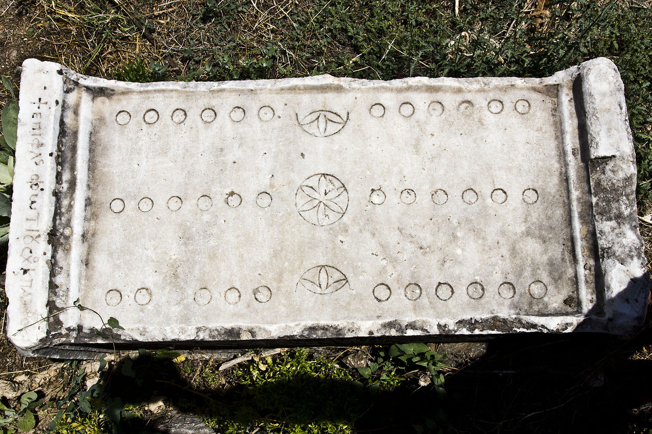The earliest Roman board game “of the twelve lines”, 2d century CE, Aphrodisias, Turkey. 
