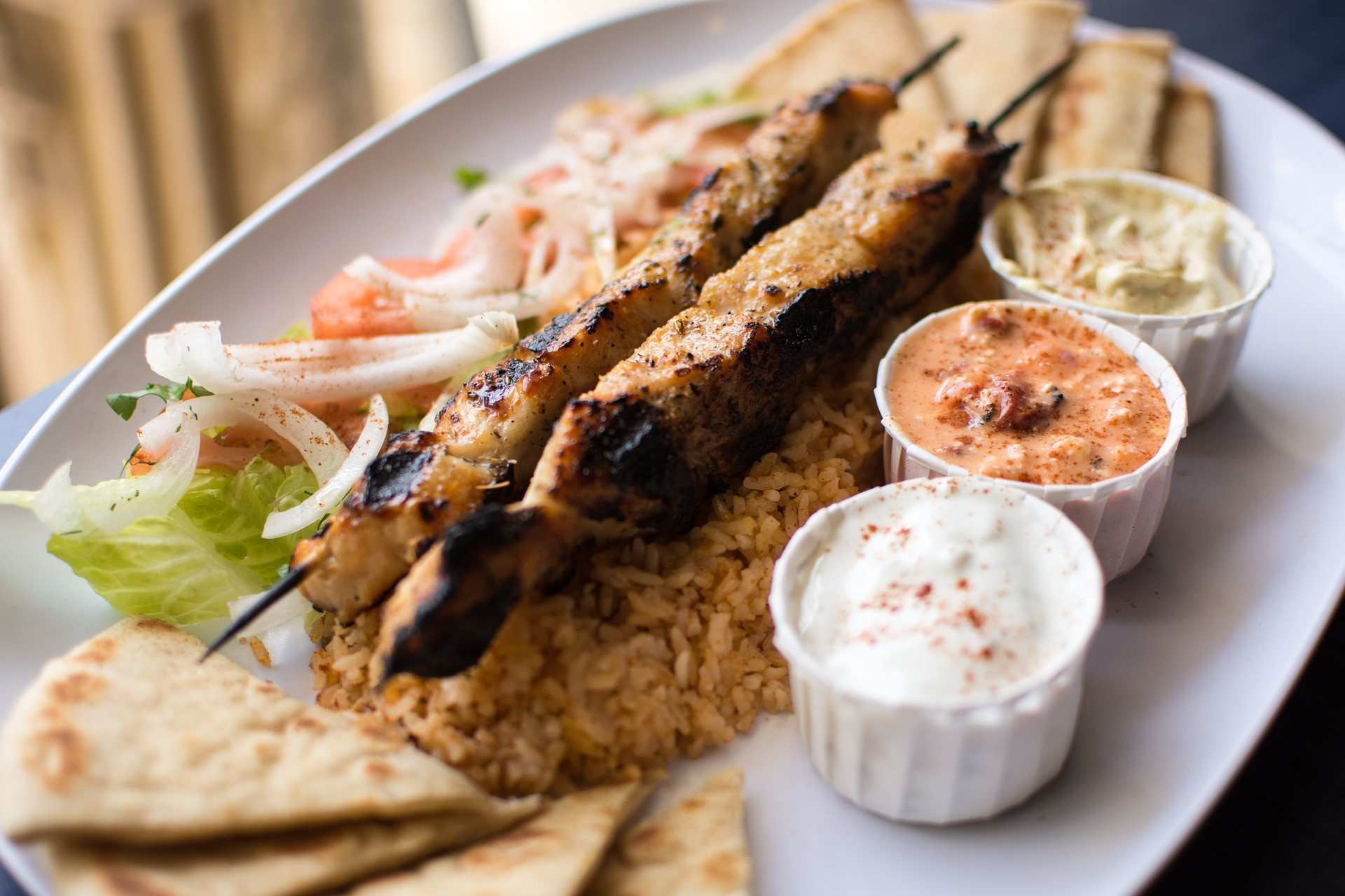 Kebab with rice and dips